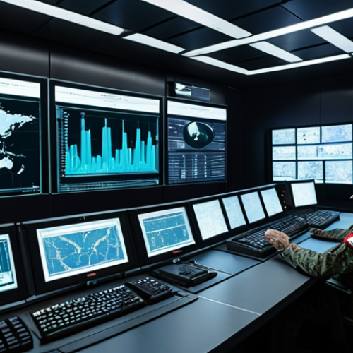 Home 11 **A modern military control room filled with holographic displays showcasing complex algorithms and data streams, highlighting the role of AI in electronic warfare (EW). Focus on the analytical capabilities of AI in identifying and responding to threats, with a Polish military emblem subtly placed in the background.**