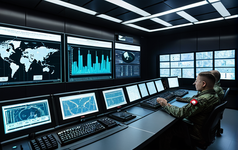 **A modern military control room filled with holographic displays showcasing complex algorithms and data streams, highlighting the role of AI in electronic warfare (EW). Focus on the analytical capabilities of AI in identifying and responding to threats, with a Polish military emblem subtly placed in the background.**
