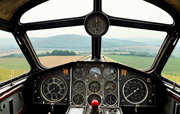 **
A vintage cockpit view. Focus on the VOR instrument with needles actively displaying a radial. Outside the window, a hazy Polish countryside with distant rolling hills. The overall feel should be reliable, old-school aviation. Think "classic instrument flight" in Poland.
**
