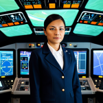 A professional flight attendant, fully clothed in a modest, dark airline uniform, stands composedly within a high-tech flight training simulator. The background shows advanced control panels and screens, subtly indicating a simulated operational environment without active alarms or distress. The attendant maintains a serene, focused expression, demonstrating incredible calm and mental fortitude, looking confidently forward. This image highlights their psychological resilience and preparedness. Perfect anatomy, correct proportions, natural pose, well-formed hands, proper finger count, natural body proportions. Safe for work, appropriate content, fully clothed, professional, family-friendly.