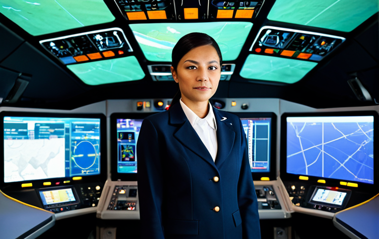 A professional flight attendant, fully clothed in a modest, dark airline uniform, stands composedly within a high-tech flight training simulator. The background shows advanced control panels and screens, subtly indicating a simulated operational environment without active alarms or distress. The attendant maintains a serene, focused expression, demonstrating incredible calm and mental fortitude, looking confidently forward. This image highlights their psychological resilience and preparedness. Perfect anatomy, correct proportions, natural pose, well-formed hands, proper finger count, natural body proportions. Safe for work, appropriate content, fully clothed, professional, family-friendly.