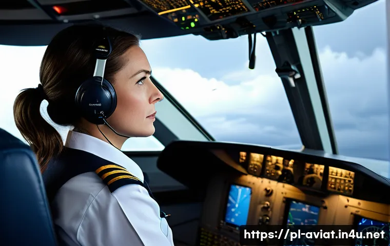 항공기 비상 절차 및 비상 착륙 - **Prompt:** "A highly skilled female pilot in her late 30s, wearing a professional pilot uniform wit...