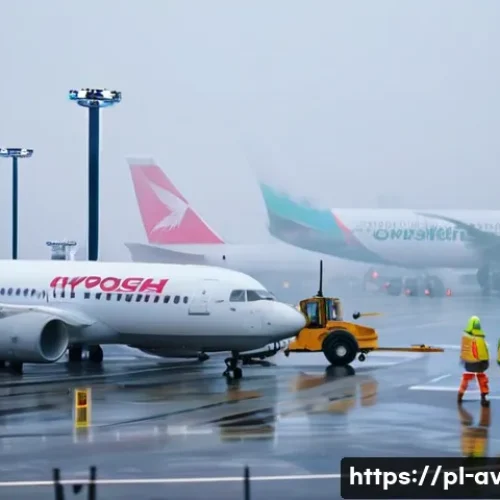 Home 29 공항에서의 지연 및 항공기 운영 전략 - A busy Polish airport apron scene during a foggy morning with dense fog reducing visibility, showing...