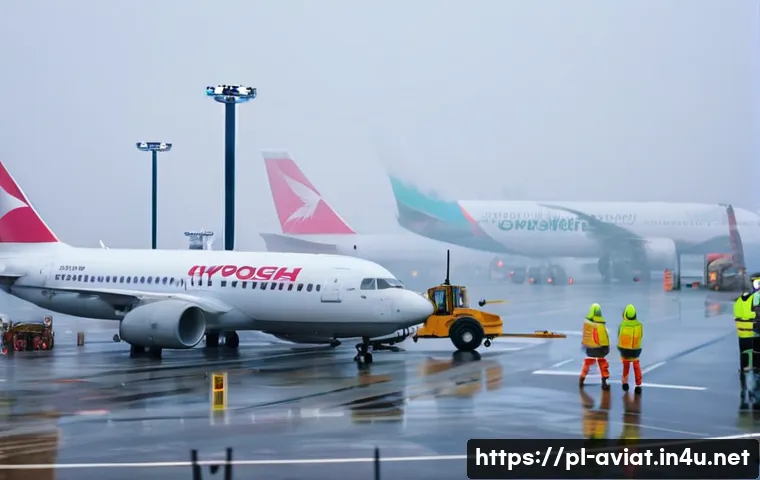 공항에서의 지연 및 항공기 운영 전략 - A busy Polish airport apron scene during a foggy morning with dense fog reducing visibility, showing...