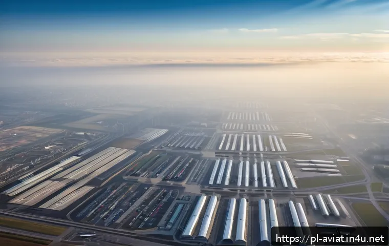 항공 기상학 및 기후 분석 - A detailed aerial view of Warsaw Chopin Airport surrounded by urban cityscape under a hazy sky with ...