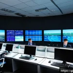 Home 21 항공교통관제 시스템 및 절차 - A high-tech air traffic control tower in Poland during a busy day, showing a diverse team of control...