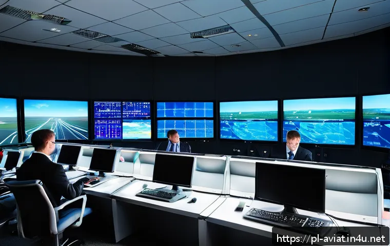 항공교통관제 시스템 및 절차 - A high-tech air traffic control tower in Poland during a busy day, showing a diverse team of control...